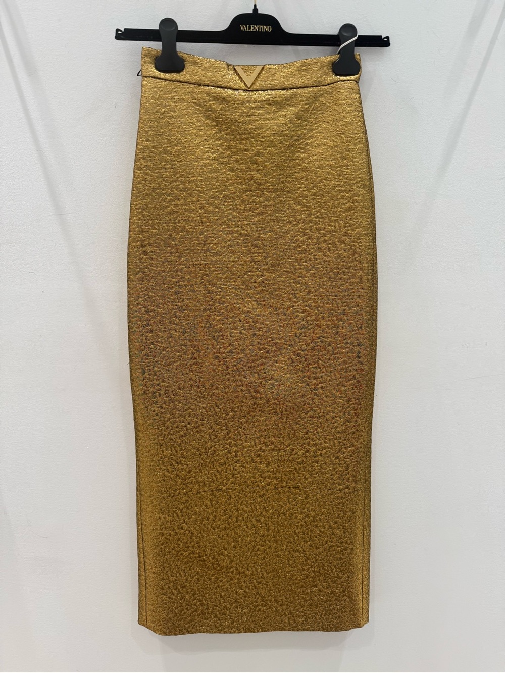 Valentino Metallic Gold Midi Pencil Skirt